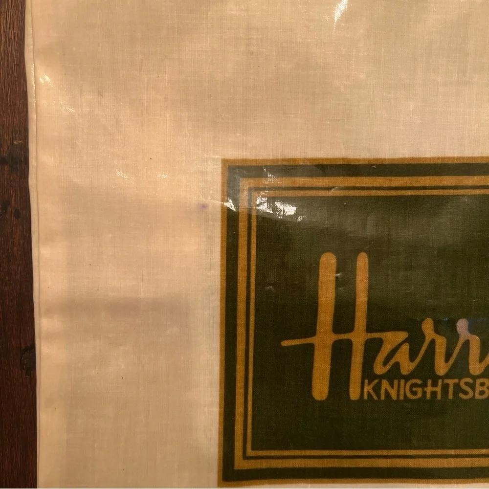 Vintage HARRODS Knightsbridge Cotton/PVC Coated Shopping Tote Bag White Rope